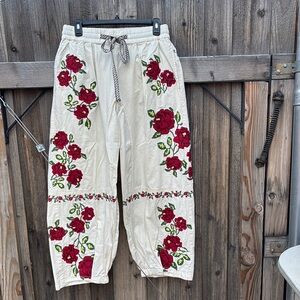 Free People Cream Joggers with Red Floral Embroidery